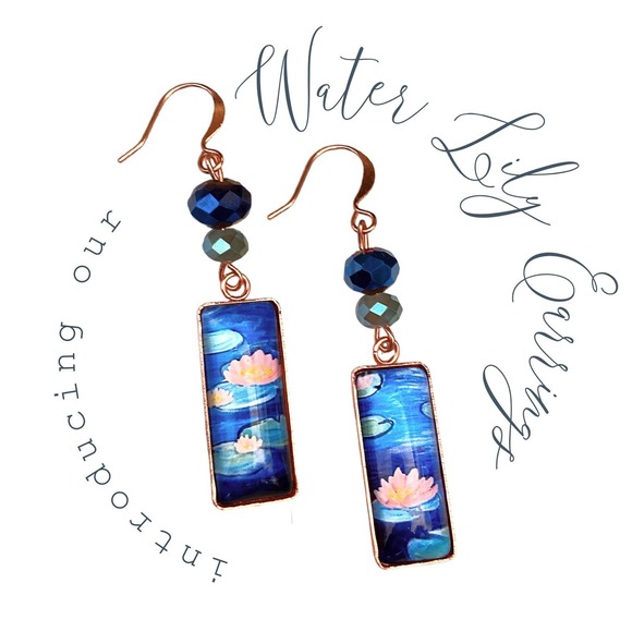 Water Lilies Earrings Claude Monet Handmade Art Pink Blue Glass Labradorite - Picture 3 of 7